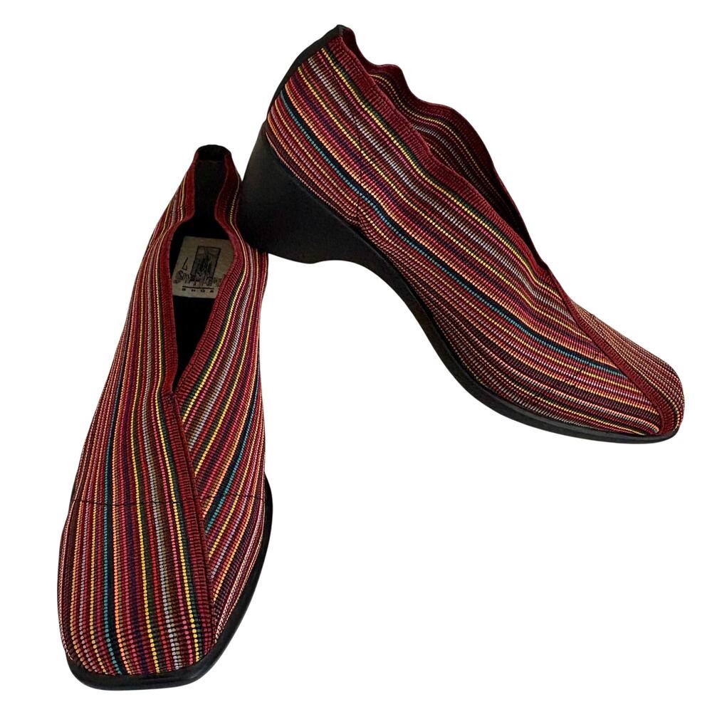 San Miguel Mocasin Luna Colorful Striped Stretch Wedge Slip On Shoes Indie Artsy